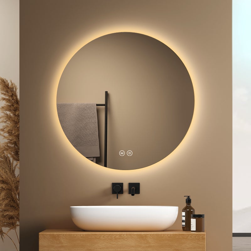 EMKE Okrągłe Lustro łazienkowe z oświetleniem LED 60 cm, z 3 barwy światła, możliwość ściemniania, funkcja pamięci, przełącznik dotykowy