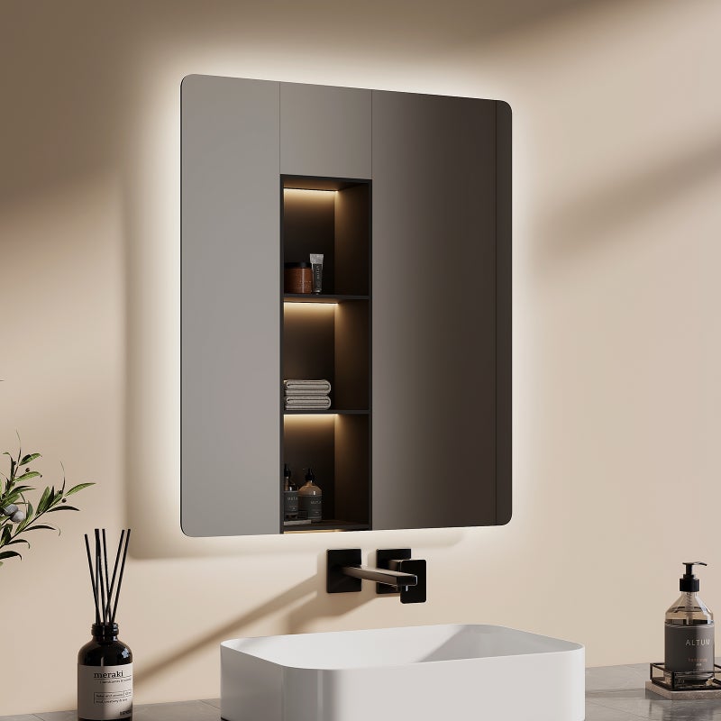 EMKE Lustro łazienkowe z oświetleniem LED 60x50 cm, z 3000/6500K, przeciwmgielne, funkcja pamięci, włącznikiem przyciskowym, bezramowe