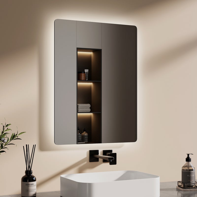 EMKE Lustro łazienkowe z oświetleniem LED 60x45 cm, z 3000/6500K, przeciwmgielne, funkcja pamięci, włącznikiem przyciskowym, bezramowe