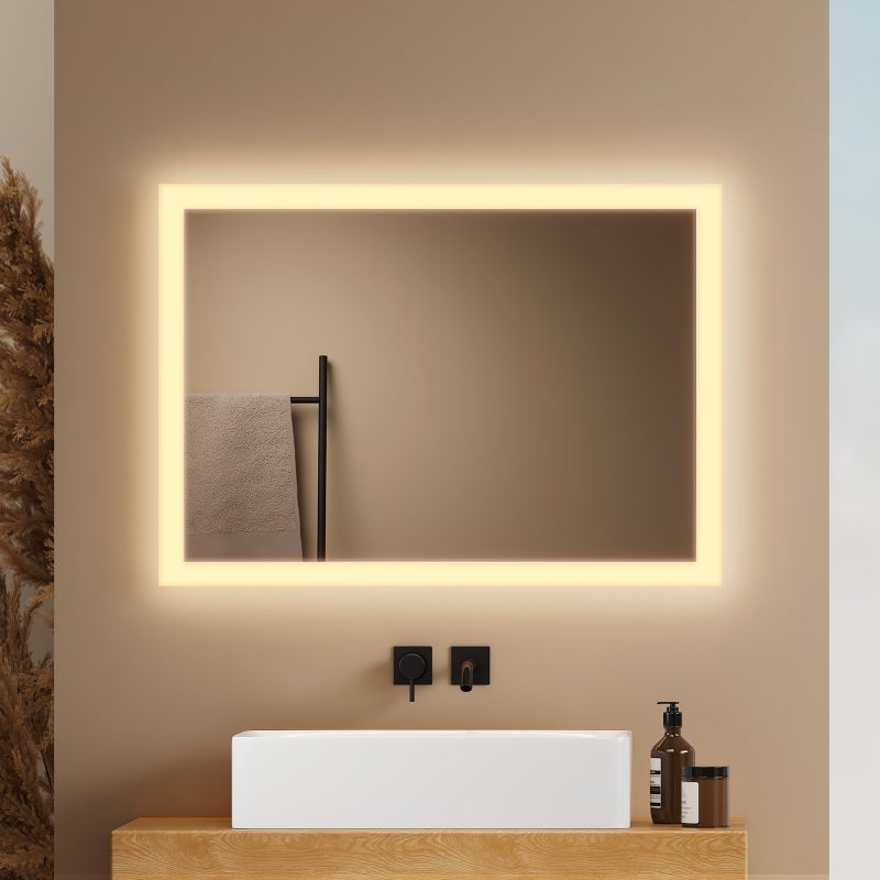 EMKE Lustro łazienkowe z oświetleniem LED 80x60 cm, z Przeciwmgielne, przełącznikiem przyciskowym, Lustro z zimnym/ciepłym białym podświetleniem