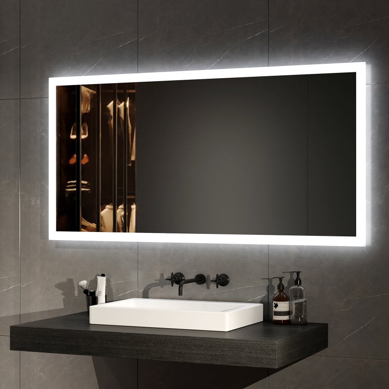 EMKE Lustro łazienkowe z oświetleniem LED 60x120 cm, z Przeciwmgielne, przełącznikiem przyciskowym, Lustro z zimnym/ciepłym białym podświetleniem