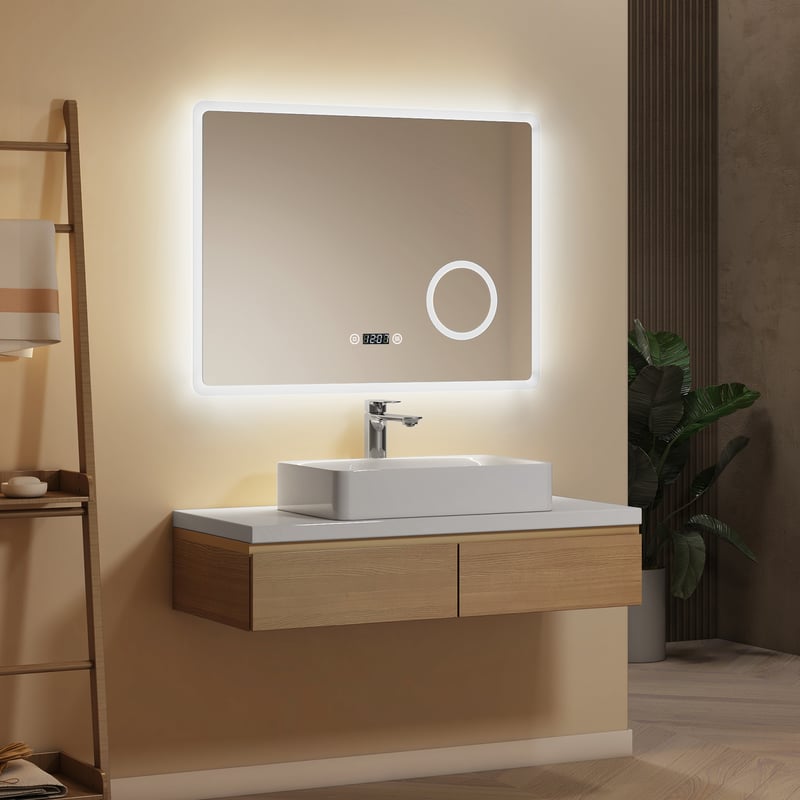 EMKE Lustro łazienkowe z oświetleniem LED 80x60 cm, z 3 regulowane kolory światła, przeciwmgielne, zegar, 3-krotne powiększenie, funkcja pamięci