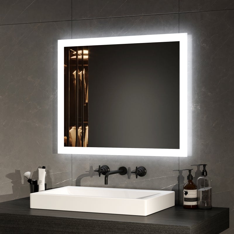 EMKE Lustro łazienkowe z oświetleniem LED 50x60 cm, z Przeciwmgielne, przełącznikiem przyciskowym, Lustro z zimnym/ciepłym białym podświetleniem
