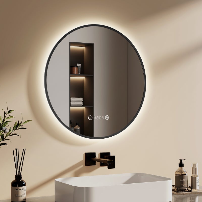 EMKE Okrągłe Lustro łazienkowe z oświetleniem LED 60 cm, z 4300K, możliwość ściemniania, przeciwmgielne, funkcja pamięci, Czarny