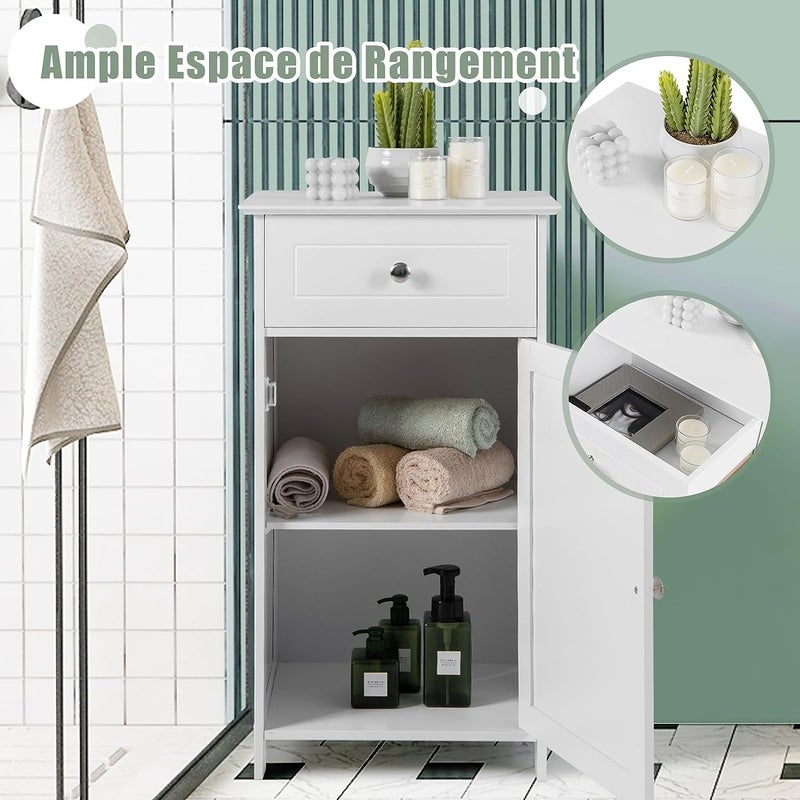 Szafka łazienkowa z szufladą i drzwiami, szafka łazienkowa z regulowaną półką, biała, do łazienki, sypialni, salonu, 43 x 34 x 77 cm