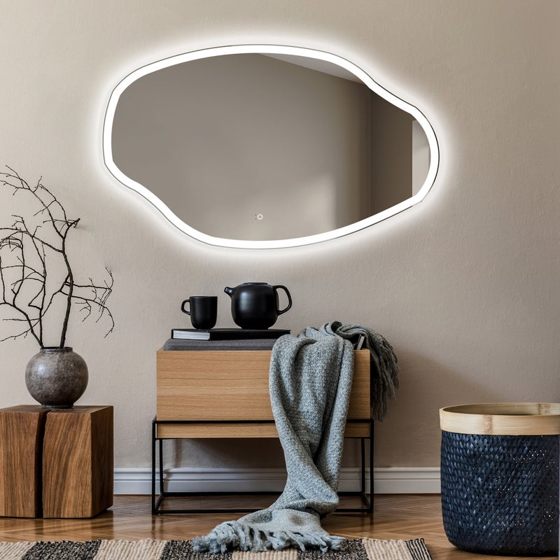 Asymetryczne lustro z oświetleniem LED do łazienki (94x64cm) Jasne lustro z oświetleniem Chłodna biel 7000K