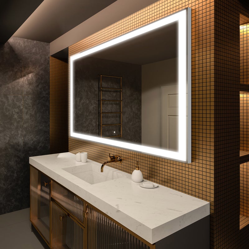 Premium Podświetlane lustro łazienkowe - prostokątne lustro 150x90cm - lustro łazienkowe LED z przełącznikiem dotykowym - chłodna biel 7000K (LED001)