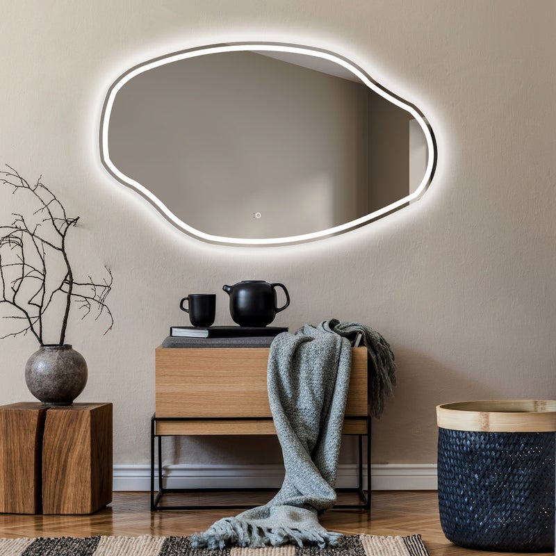 Asymetryczne lustro z oświetleniem LED do łazienki (94x64cm) Jasne lustro z oświetleniem Chłodna biel 7000K