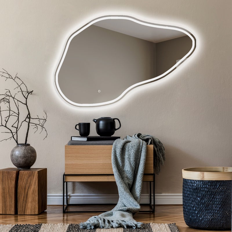 Asymetryczne lustro z oświetleniem łazienkowym LED (129x84cm) Jasne lustro z oświetleniem Chłodna biel 7000K