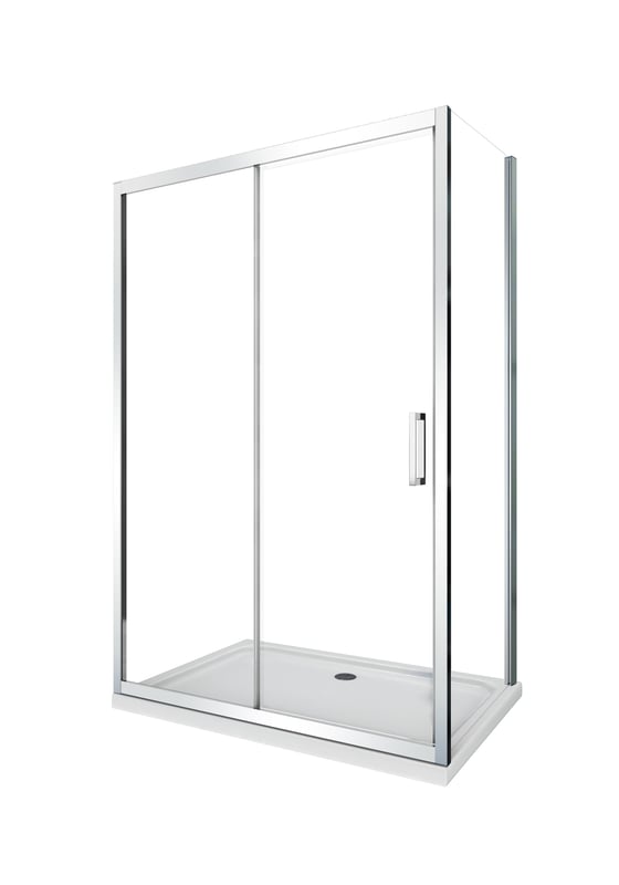 Kabina prysznicowa narożna: ścianka stała + drzwi przesuwne, szkło 6 mm, ścianka stała 77,5-80 drzwi 145-150