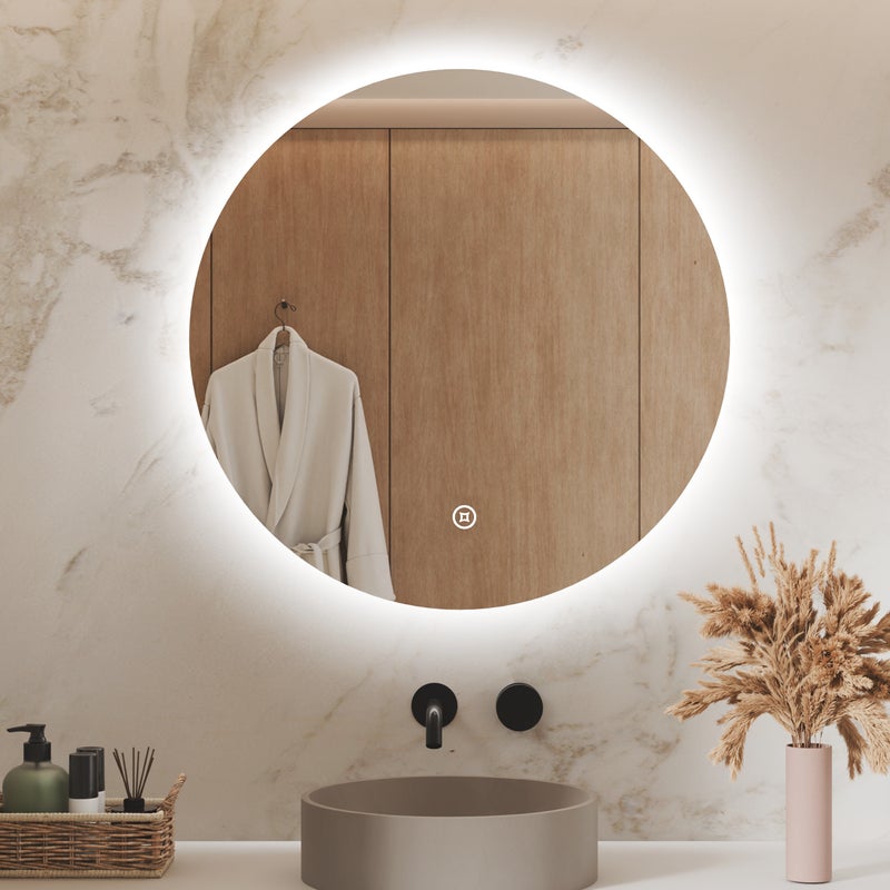 Lustro łazienkowe z wbudowanym oświetleniem LED okrągłe 70 cm, białe zimne 6500 K, z włącznikiem dotykowym S’AFIELINA
