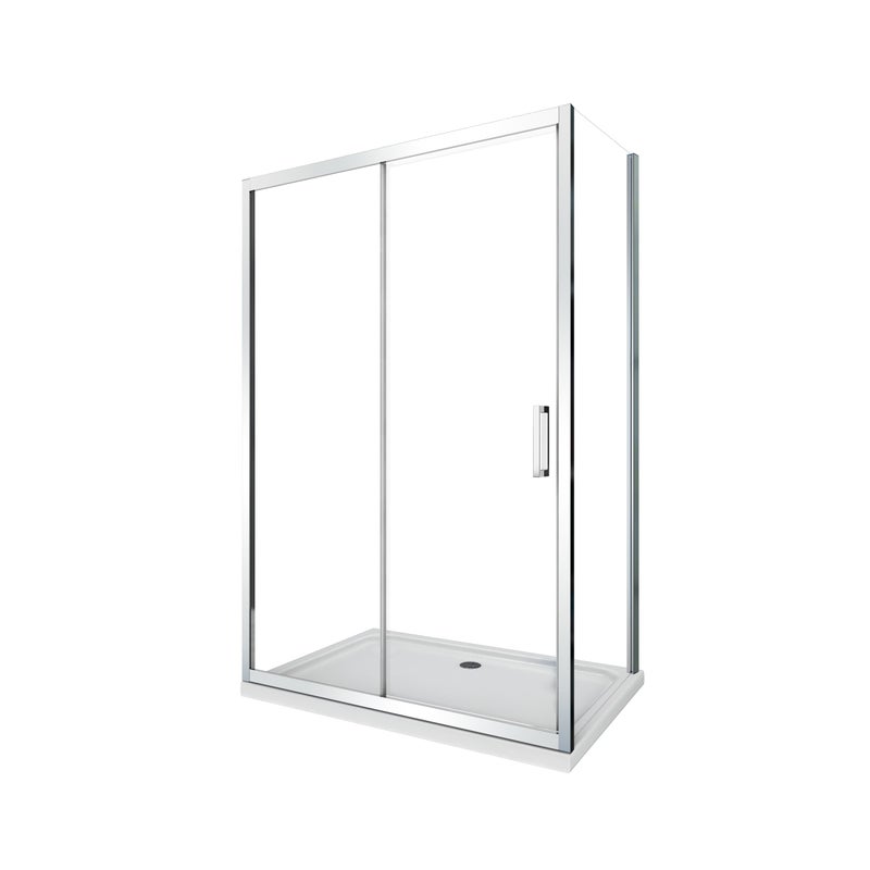 Kabina prysznicowa narożna: ścianka stała + drzwi przesuwne, szkło 6 mm, ścianka stała 77,5-80 drzwi 95-100