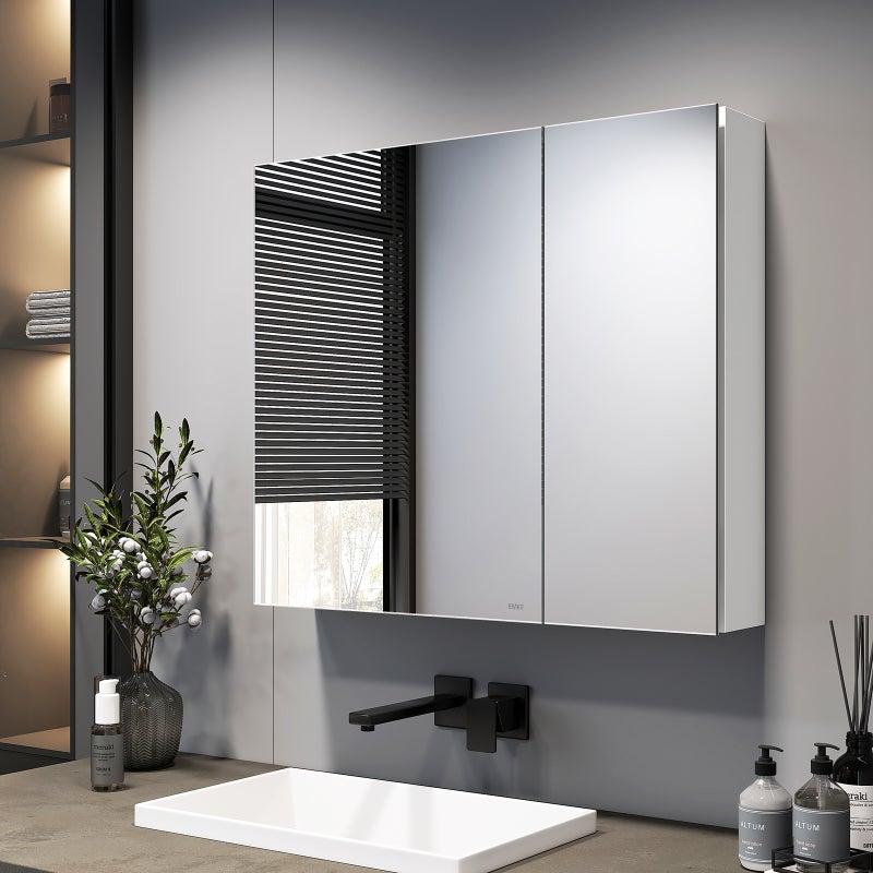 EMKE Szafka łazienkowa z lustrem 75 x 65 x 14,5 cm – 2 drzwi lustrzane, regulowane półki, matowa biel