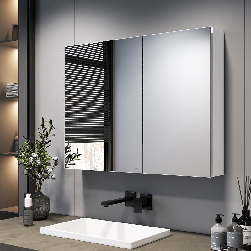 EMKE Szafka łazienkowa z lustrem 85 x 65 x 14,5 cm – 2 drzwi lustrzane, regulowane półki, matowa biel