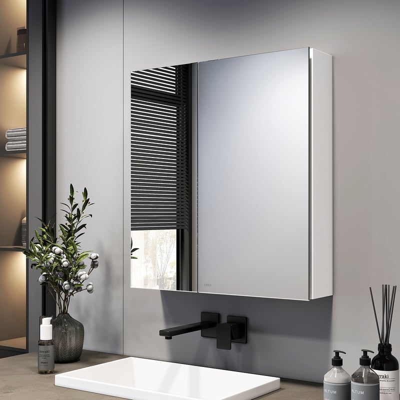 EMKE Szafka łazienkowa z lustrem 60 x 65 x 14,5 cm – 2 drzwi lustrzane, regulowane półki, matowa biel