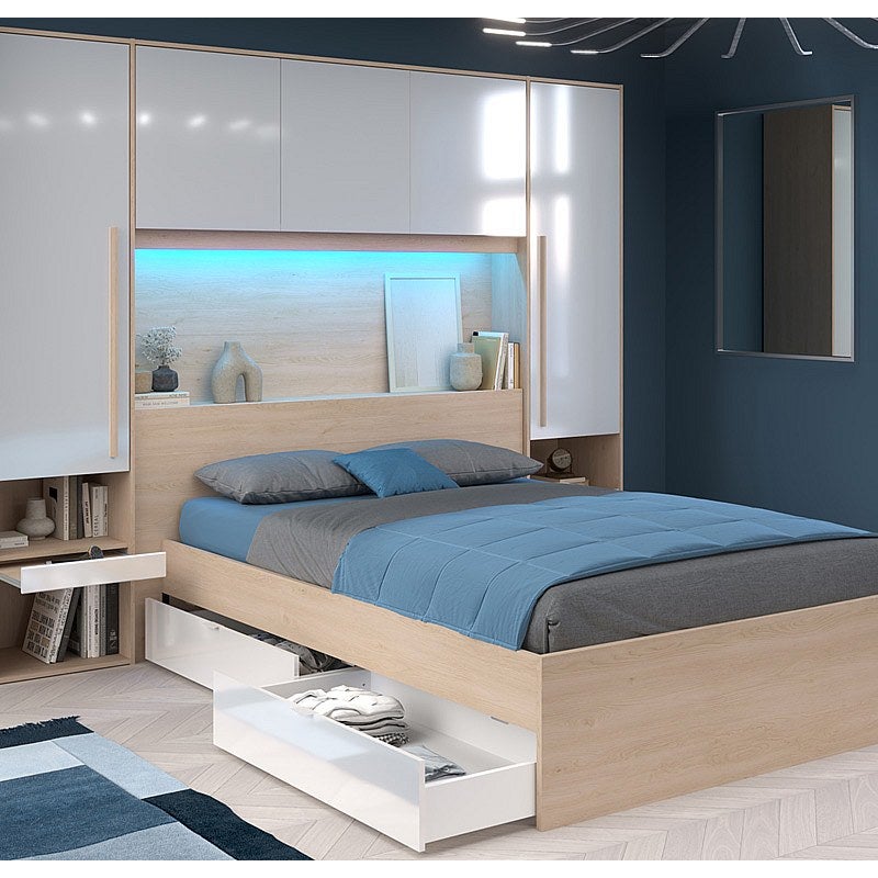 Łóżko z zabudową i schowkami 140 x 190 cm - z oświetleniem LED - Naturalny i biały z połyskiem + Stelaż + Materac - VELONA
