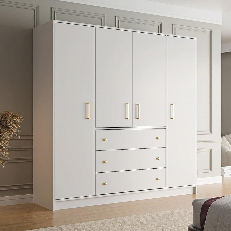 Szafa 4-drzwiowa z 3 szufladami - dł. 196 cm - Biały - LIZANDRO