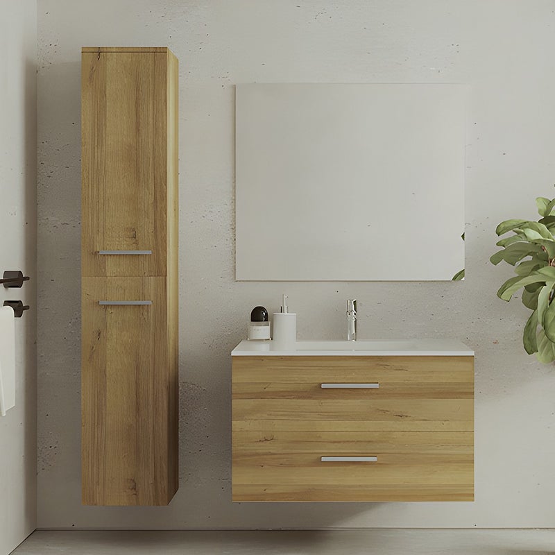 Szafka łazienkowa wisząca z umywalką i szafką typu słupek - Naturalny jasny - 80 cm - KAYLA