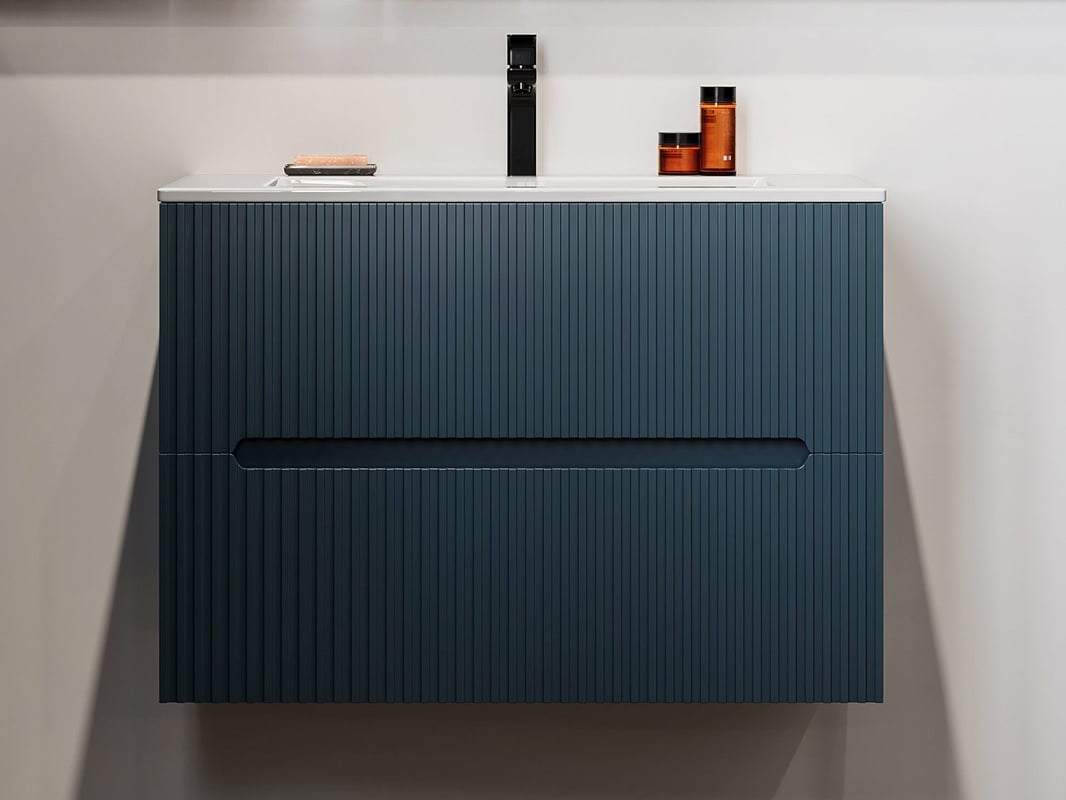 Szafka łazienkowa wisząca ryflowana z umywalką - Niebieski - 80 cm - PAVANI