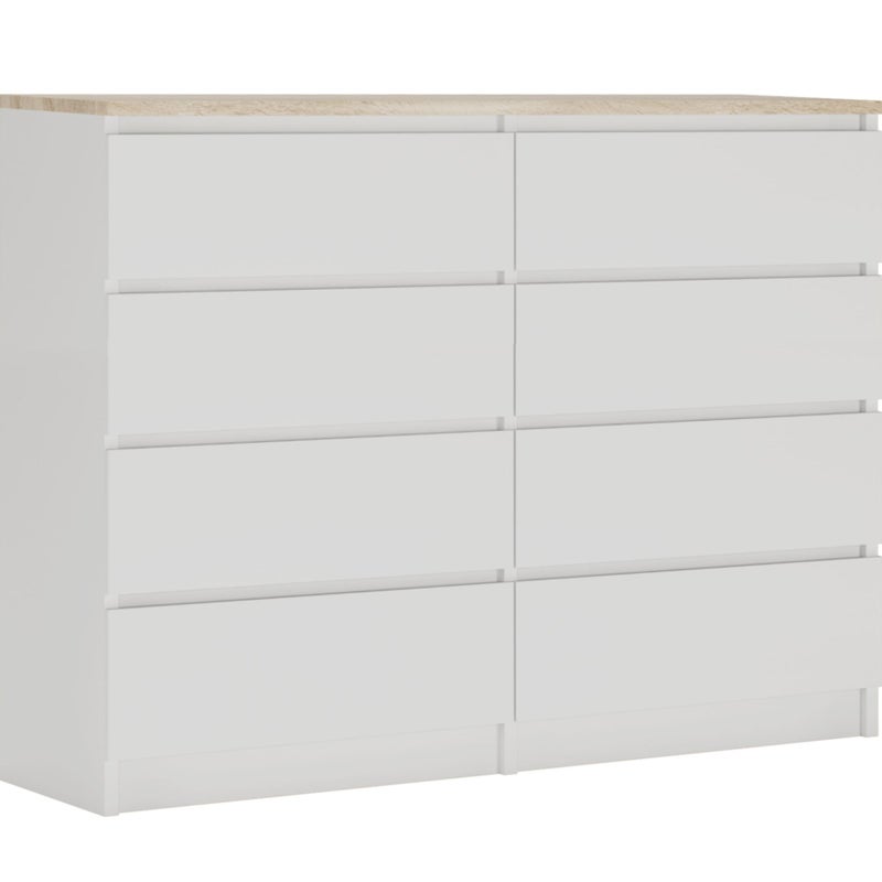 Komoda : 8 szuflad, Biały Matowy / TOP Sonoma, 120 x 101 x 39 cm
