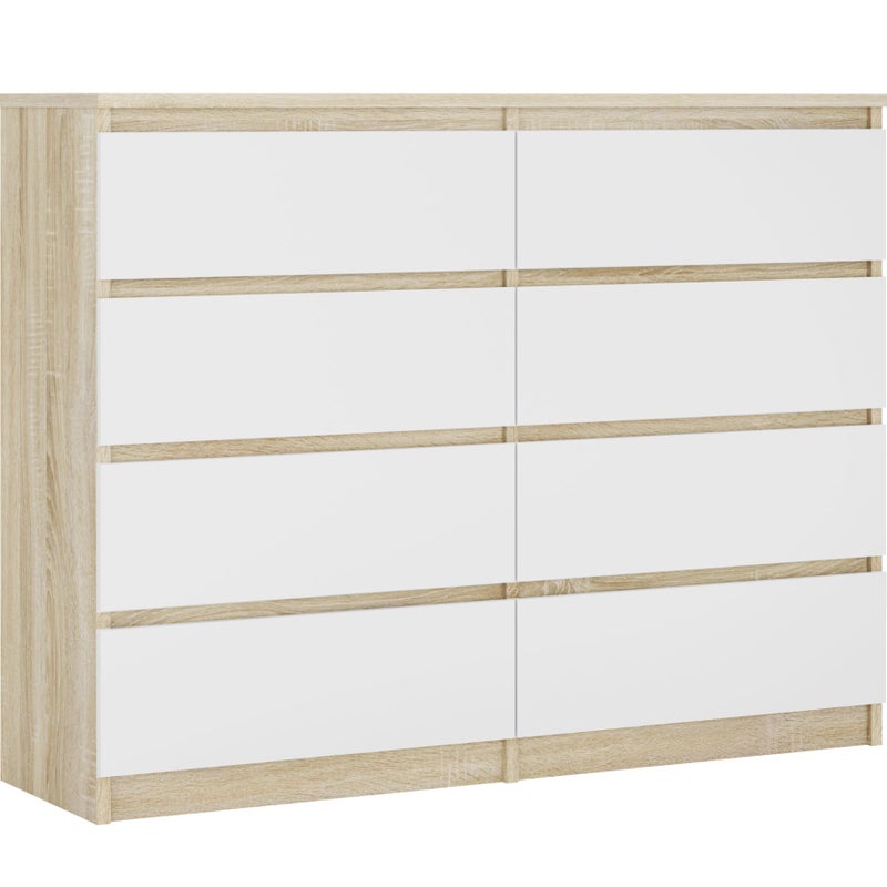 Komoda : 8 szuflad, Dąb Sonoma / Biały Matowy, 120 x 101 x 39 cm