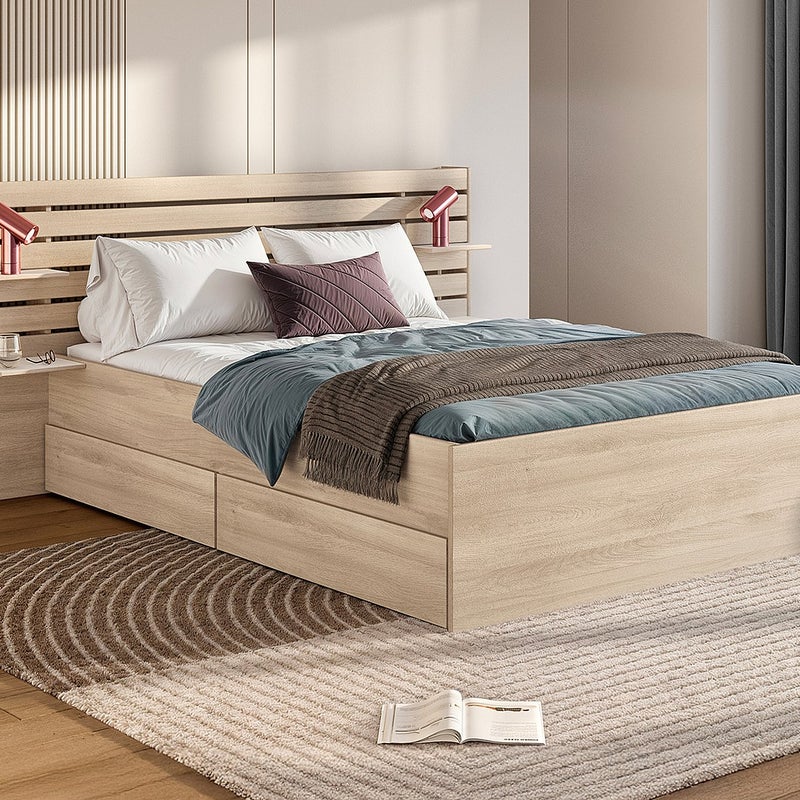 Łóżko 140 x 190/200 cm z ze skrzynią - Naturalny + Stelaż + Materac - TENALIA II