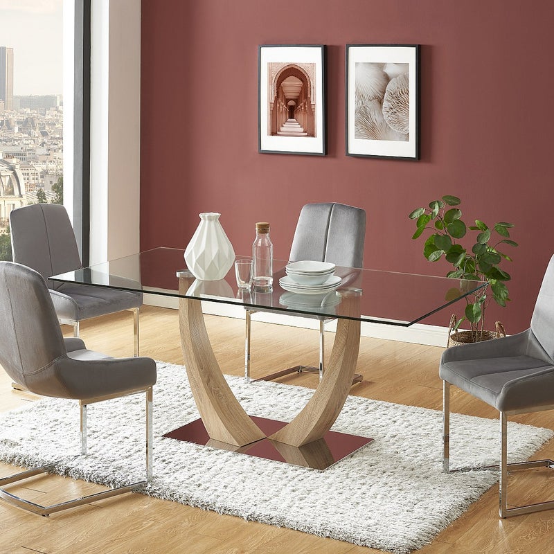 Stół jadalniany 6-osobowy z hartowanym szkłem, MDF-em i stalą nierdzewną - Naturalny jasny brąz - MELODIE II