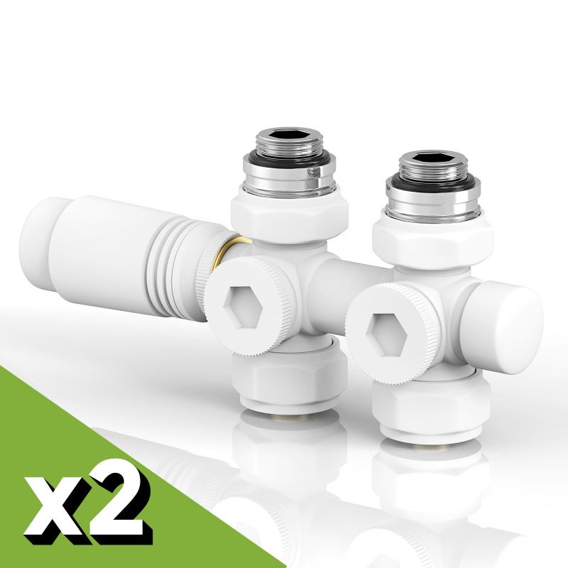 Zawór termostatyczny do grzejnika łazienkowego - Zestaw z głowicą - Kolor biały - Zgodny z rurą 16 mm - 2 sztuki