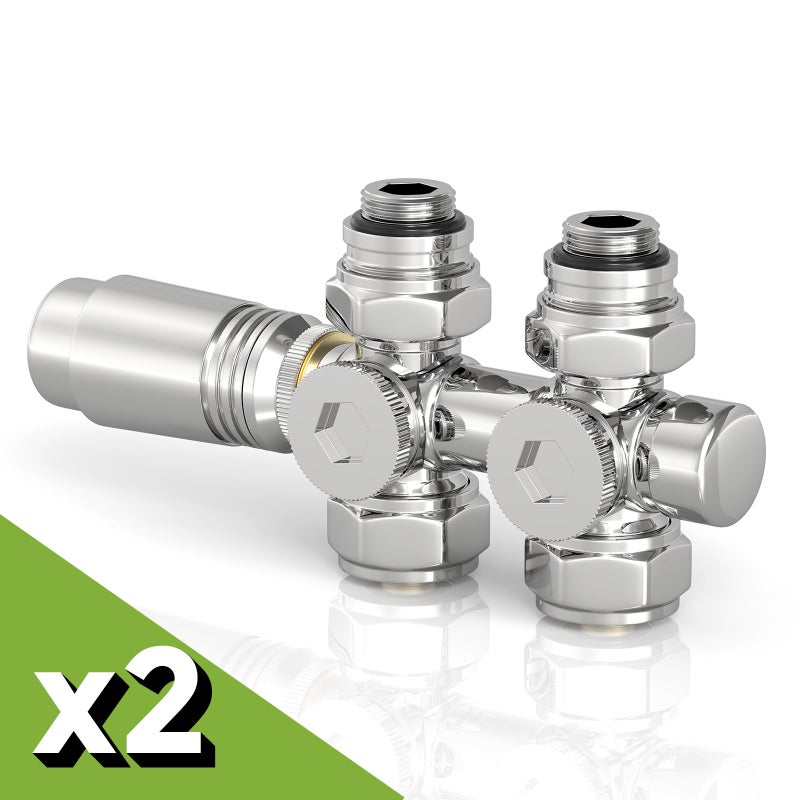 Zawór termostatyczny do grzejnika łazienkowego - Zestaw z głowicą - Kolor chrom - Zgodny z rurą 16 mm - 2 sztuki