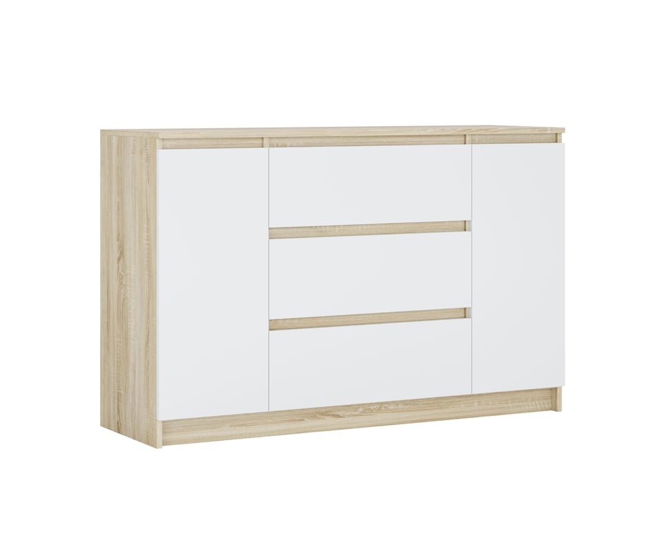 Komoda, Dąb Sonoma, Biały Matowy, 120 x 39 x 78 cm, 2 drzwi, 3 szuflady