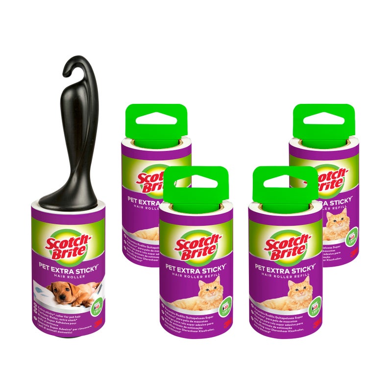 Rolka do sierści zwierząt Scotch-Brite™ Pet Extra Sticky Super mocna, przezroczyste powierzchnie, 48 arkuszy, + 4 wkłady