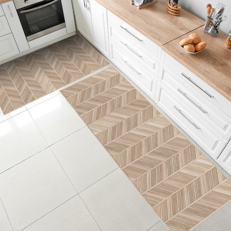 Winylowy dywanik drewniany chevron Japandi 66x180 cm - PVC antypoślizgowy, gładki nadruk, winylowy dywanik do kuchni lub salonu, zmywalny