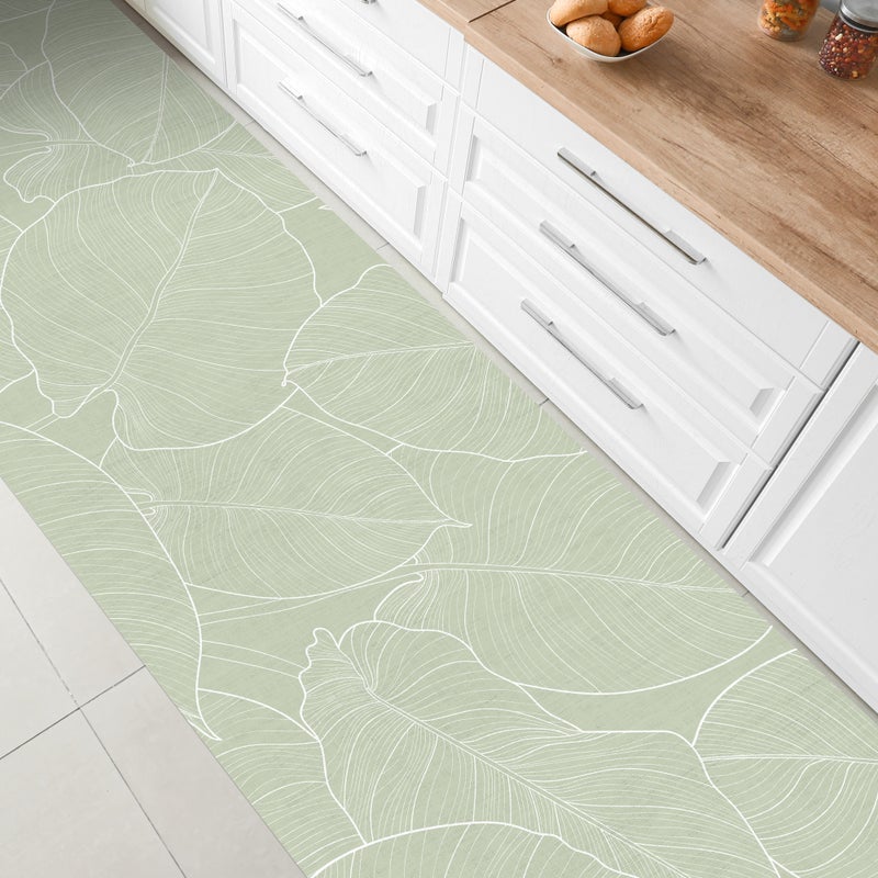 Mata winylowa Green Leaves 66x150 cm - PVC antypoślizgowa, gładka z nadrukiem, winylowa do kuchni lub salonu, zmywalna