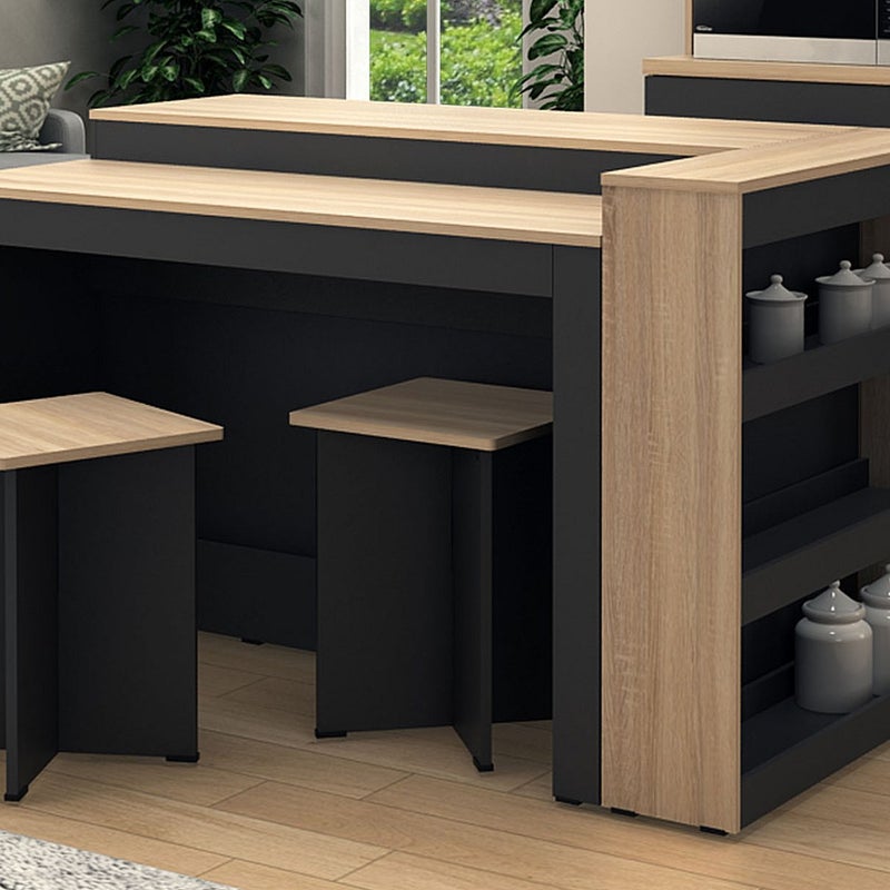 Zestaw wyspa kuchenna + 2 stołki barowe - Czarny i naturalny jasny - NUSICE