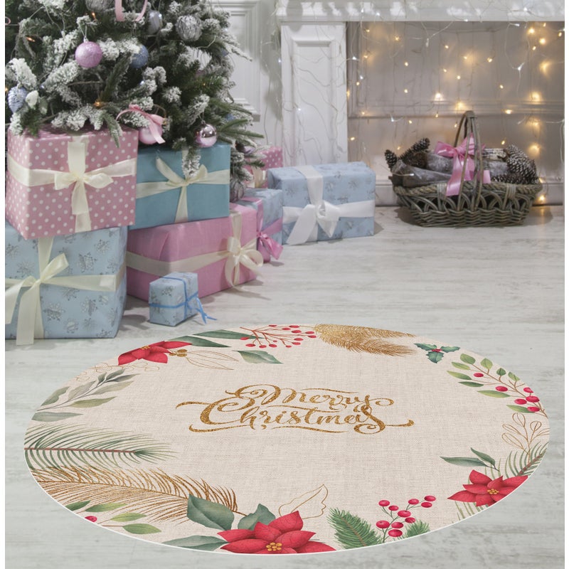 Winylowy dywan świąteczny z wieńcem kwiatowym [średnica] 95 cm - PVC antypoślizgowy, wodoodporny, zmywalny, trudnopalny, styl świąteczny