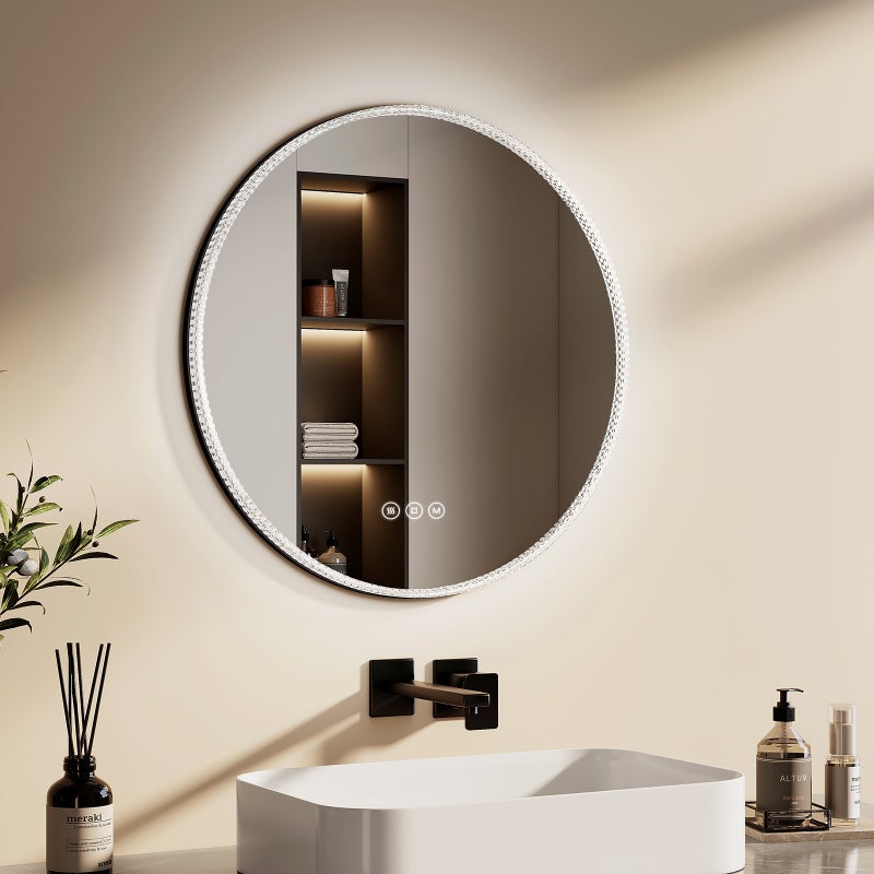 EMKE Okrągłe Lustro łazienkowe z oświetleniem LED 60 cm, z 3 barwy światła, możliwość ściemniania, przeciwmgielne, funkcja pamięci, Czarny