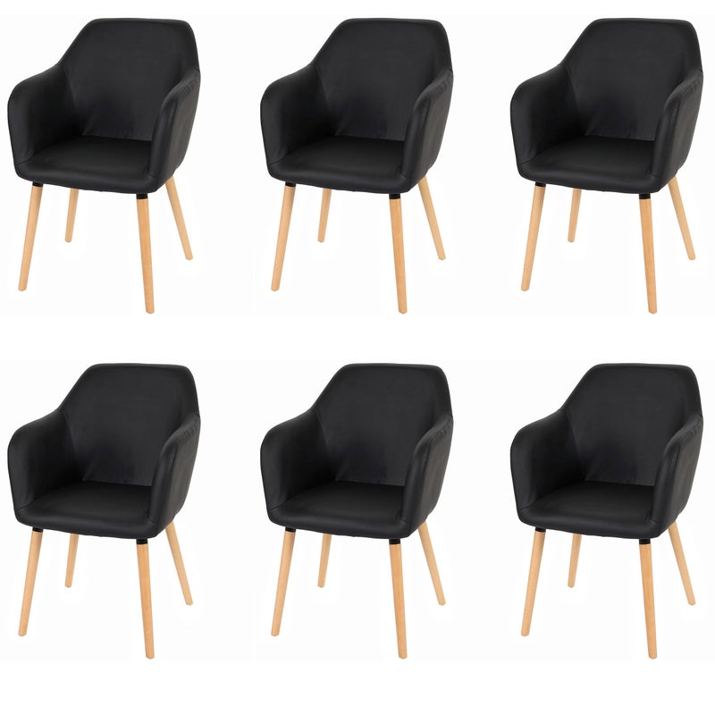 Zestaw 6 krzeseł do jadalni Malmö T381, krzesło kuchenne, design retro 50s ~ imitacja skóry, czarne, jasne nogi