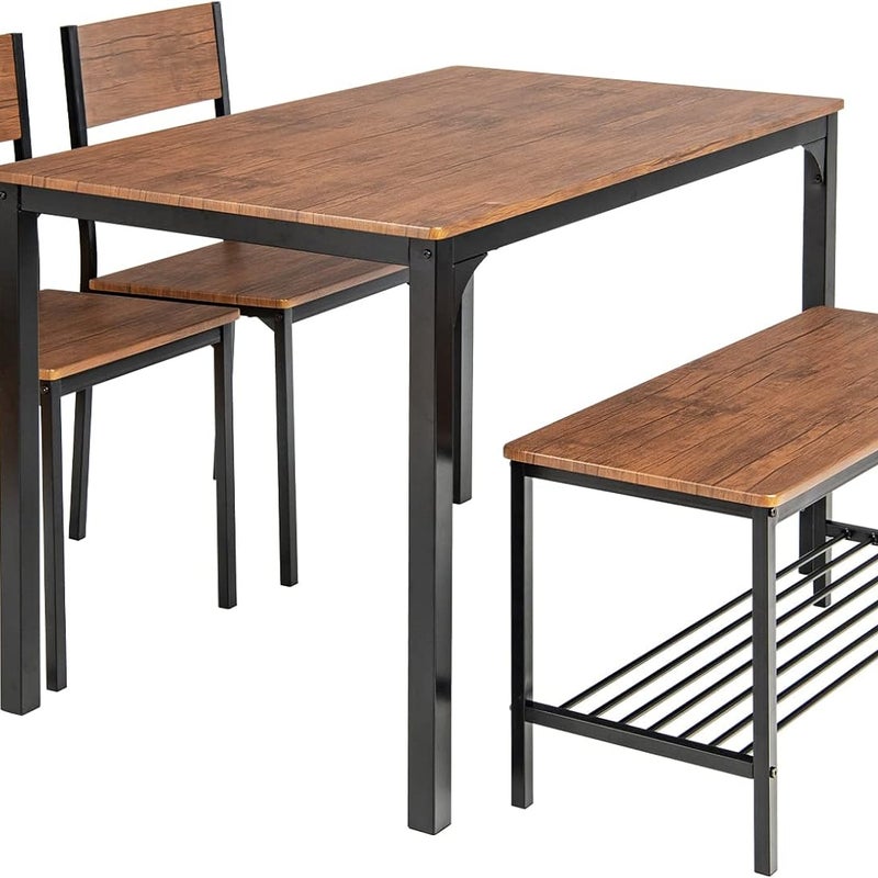 4-Częściowy Zestaw Do Jadalni: Stół Kuchenny z 2 Krzesłami, Ławką i Regałem, Metalowa Rama (Brązowy)