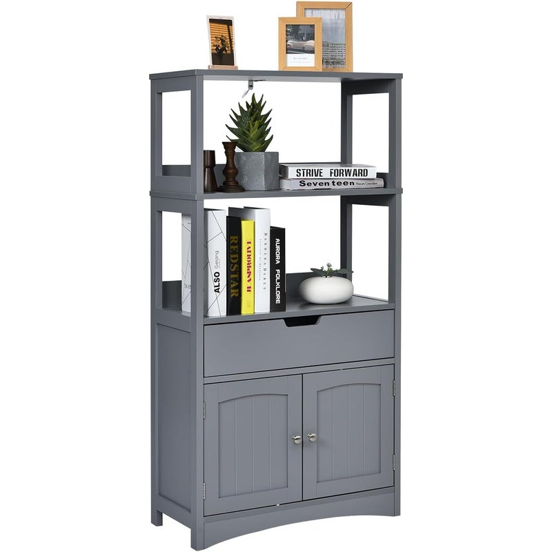 Wolnostojąca szafka łazienkowa, wysoka szafka do łazienki, z 2 drzwiami i 3 otwartymi półkami i szufladą, nowoczesna, kuchni, salonu (szara)