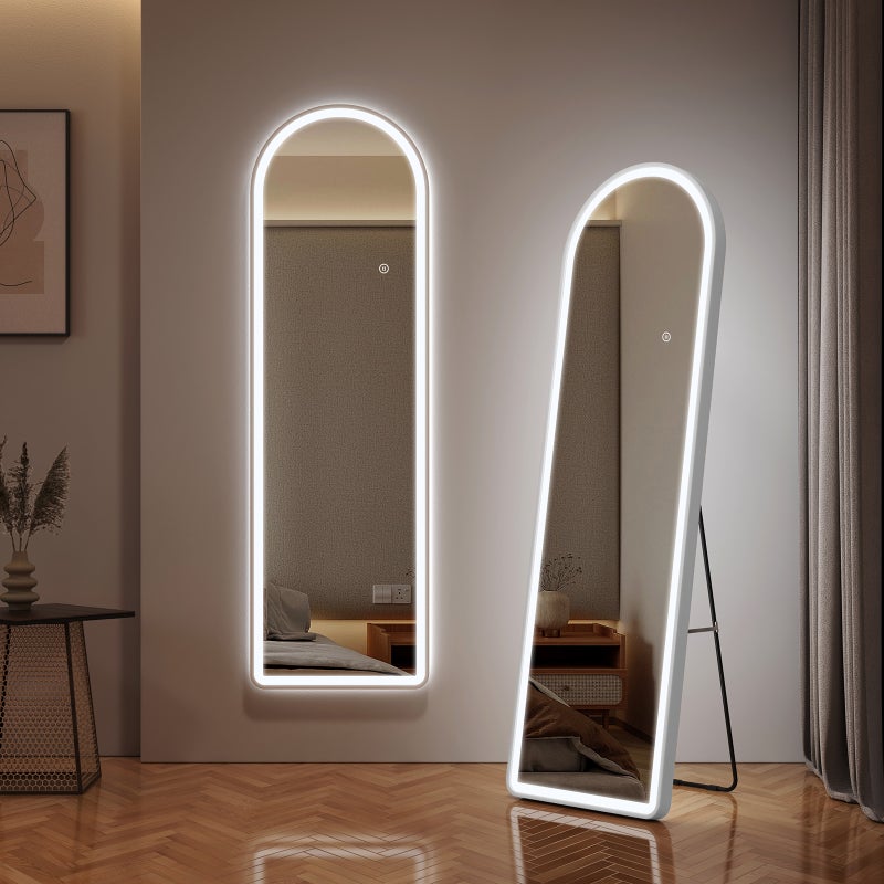 EMKE Lustro stojące LED 147x45 cm z oświetleniem, 3 barwy światła, ściemnianie, funkcja pamięci, biała rama