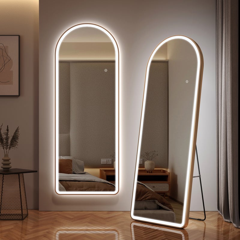 EMKE Lustro stojące LED 60x160 cm z oświetleniem, 3 barwy światła, ściemnianie, funkcja pamięci, złota rama