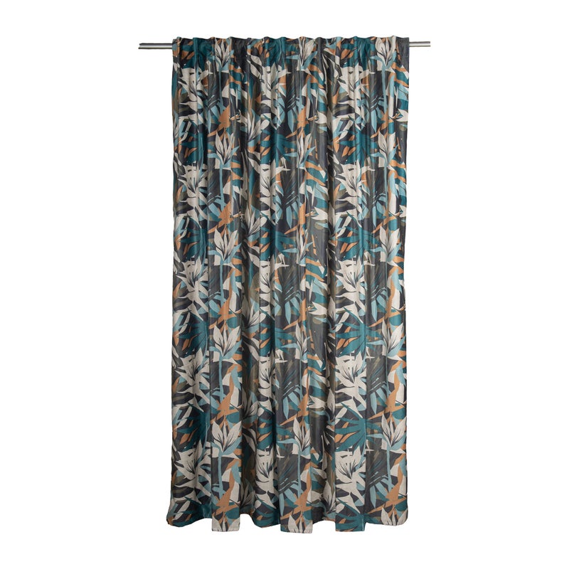 Zasłona zaciemniająca NAVIA - szer. 200 x wys. 280 cm - poliester - wzór liści w kolorze szarym, niebieskim i pomarańczowym
