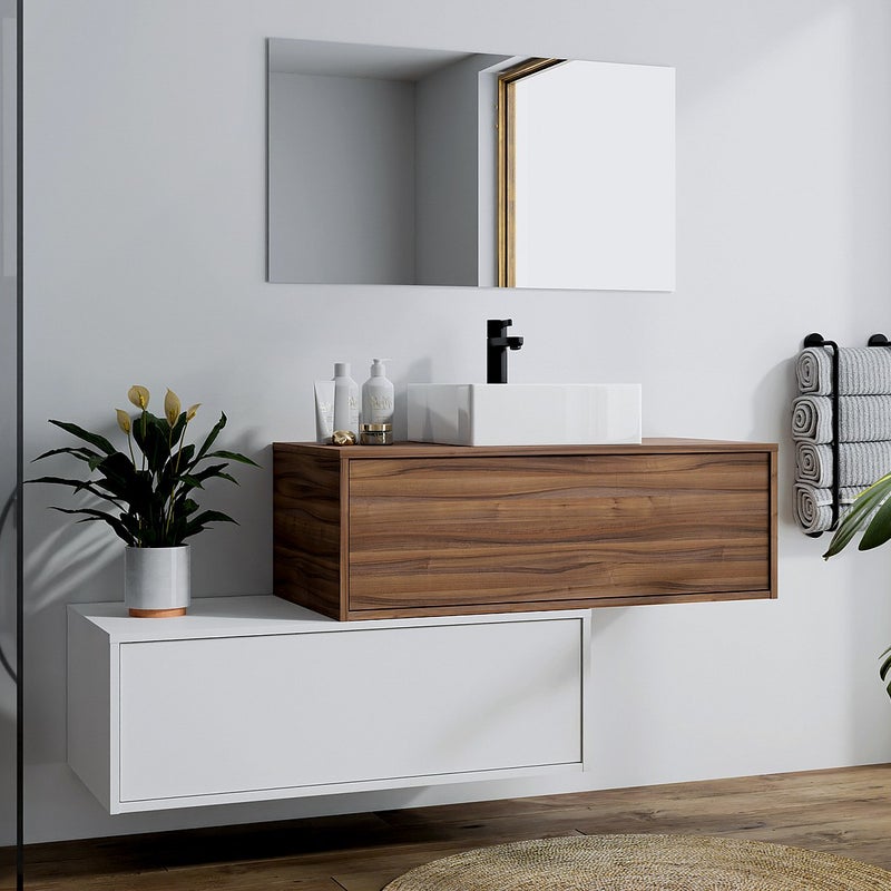 Szafka łazienkowa wisząca naturalna ciemna i biała z pojedynczą umywalką i dwoma szufladami - 94 cm - TEANA II