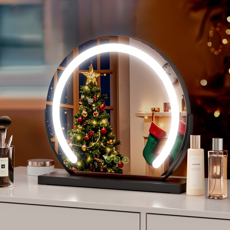 Lustro do makijażu LED okrągłe Φ40 cm z oświetleniem, 3 kolory światła, dotykowy włącznik, regulowana jasność i funkcja pamięci, czarna rama
