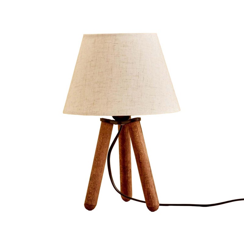 Drewniana lampa stołowa na trójnogu z kloszem w kolorze Crema Yago