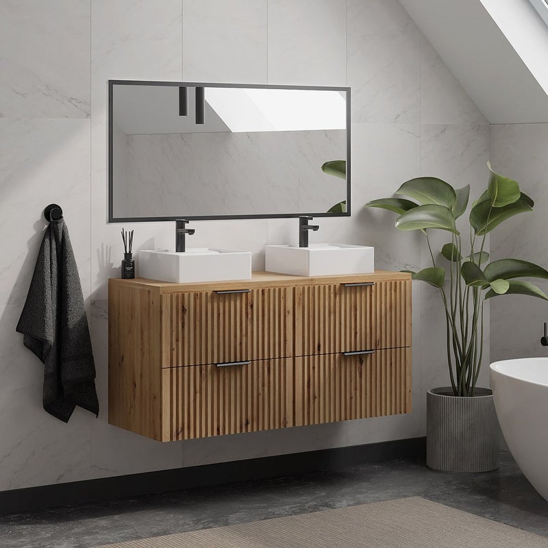 Szafka łazienkowa wisząca łazienkowapod umywalkę ze zarysowanymi panelami - Naturalny jasny - L120 cm - ZEVARA