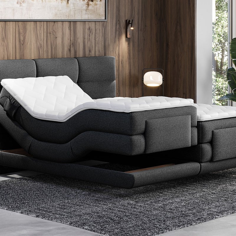 Łóżko kontynentalne z pikowanym zagłówkiem + stelaż elektryczny relaksacyjny + materac + nakładka na materac - 2 x 90 x 200 cm - antracytowy - LODI ma