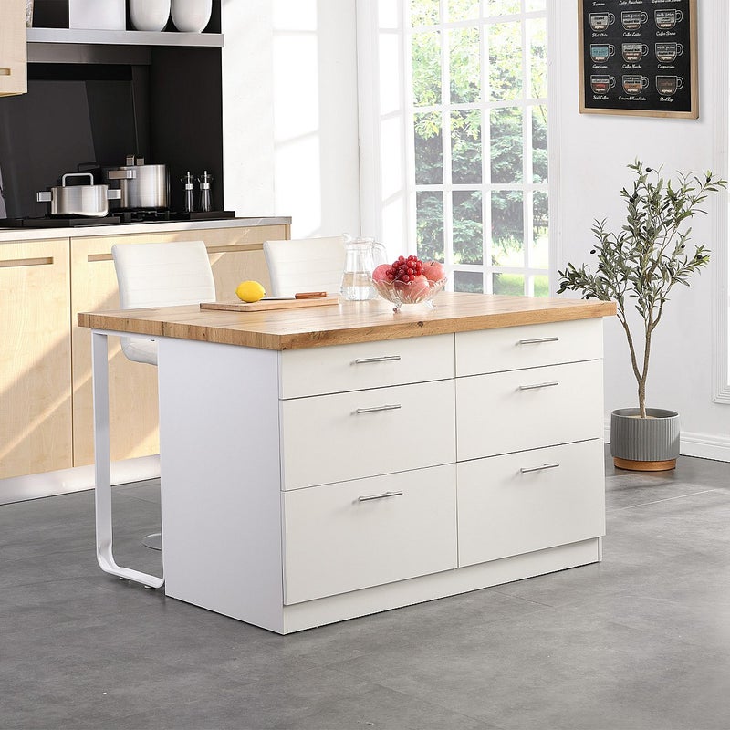 Centralna wyspa kuchenna z 6 szufladami z płyty MDF i metalu - Biały i naturalny jasny - ALEGRITA