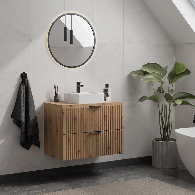 Szafka pod umywalkę wisząca ryflowana z blatem - Naturalny jasny - szer. 80 cm - ZEVARA