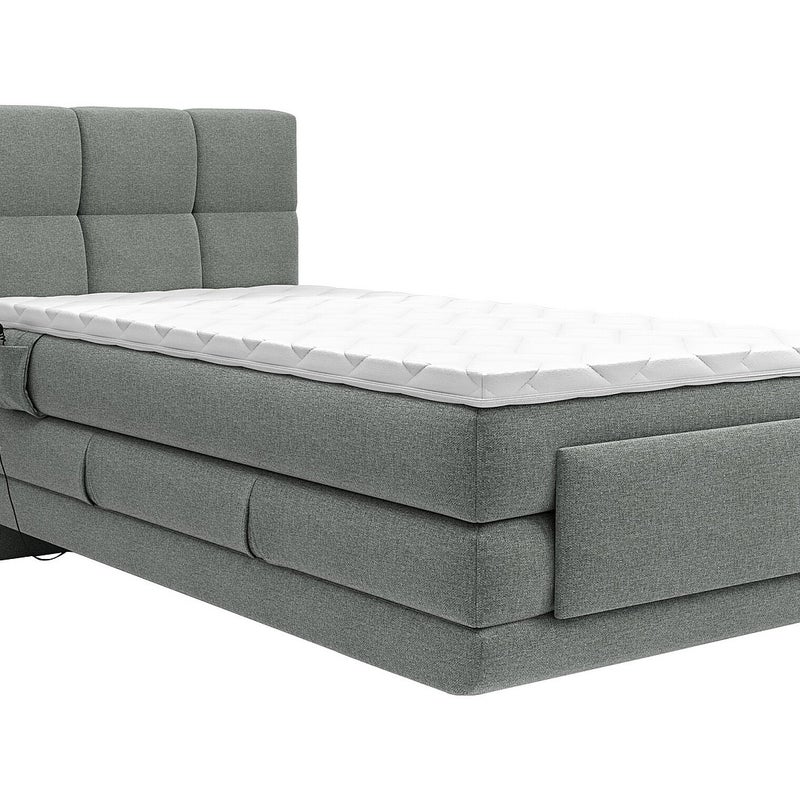 Zestaw łóżko kontynentalne z pikowanym zagłówkiem + stelaż elektryczny relaksacyjny + materac + nakładka na materac - 100 x 200 cm - Tkanina - Jasnosz